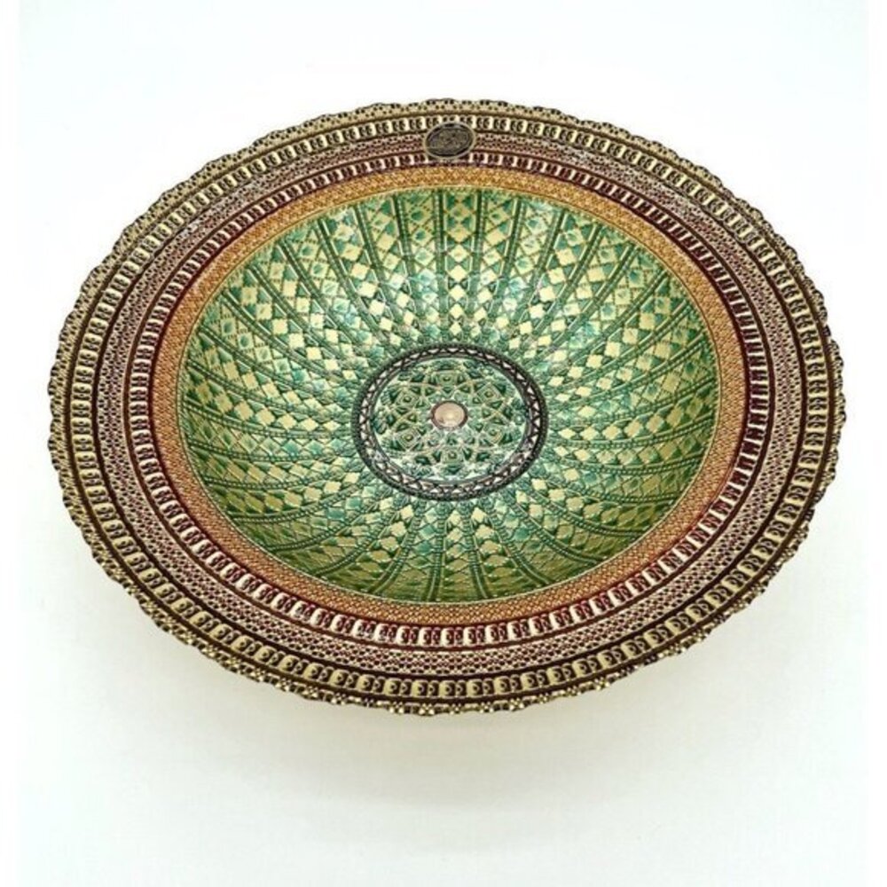 Turkish Glass Round Bowl Dinner Display Gold Lace Print 13.75" W 2.75" D